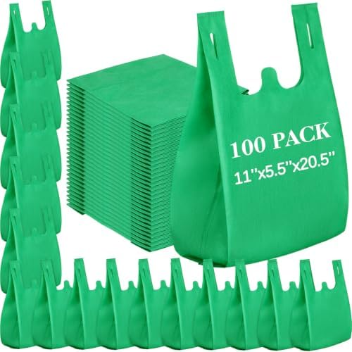 Windyun Large Grocery T-shirt Bags Bulk Reusable Non Woven Shopping Bag Foldable Gift Tote with Handle, 20.5x11x5.5 Inch