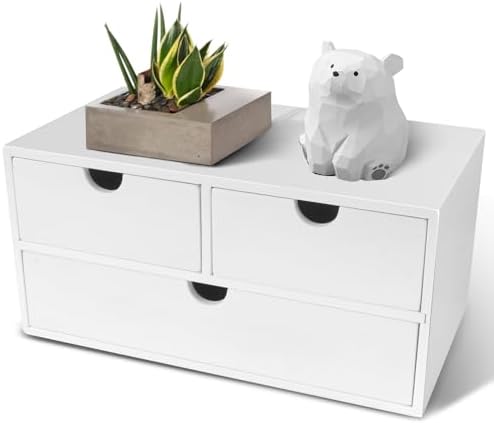Charmewooden Bamboo Desk Organizer with 3 Drawers, Countertop Organizer with Drawers Makeup Storage Drawer 3 Drawer Tabletop Storage Organization Box Home Office Workspace（White）