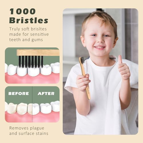 Isshah Kids Bamboo Toothbrushes Biodegradable Handle BPA Free Eco Friendly Children Size, Pack of 4