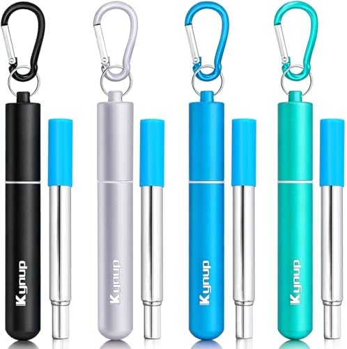 Kynup 4Packs Reusable Straws, Metal Straw with Silicon, Travel Drinking Straws with Case, Keychain, Cleaning Brushes, Silicon Pcs Perfect for Travel, Gifts (20 PCS) Blue-Black-Silver-Turquoise