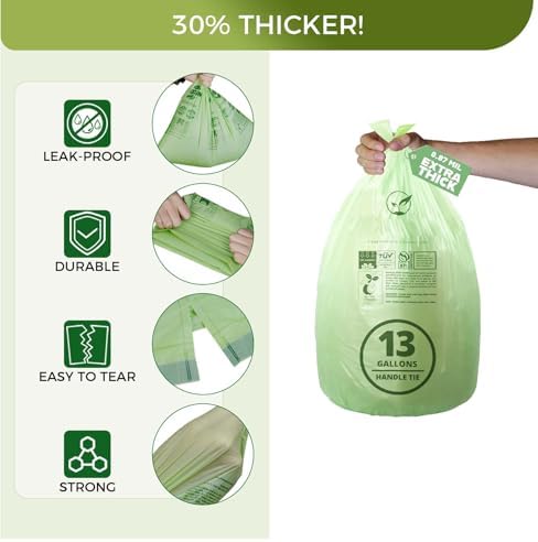 13 Gallon Compostable Trash Bags with Handle-Tie, Thick 0.87 Mil, 49.21 Liter, 30 Bags, Tall Kitchen Food Scrap Waste Bag, ASTM D6400, US BPI and OK Compost Home Certified