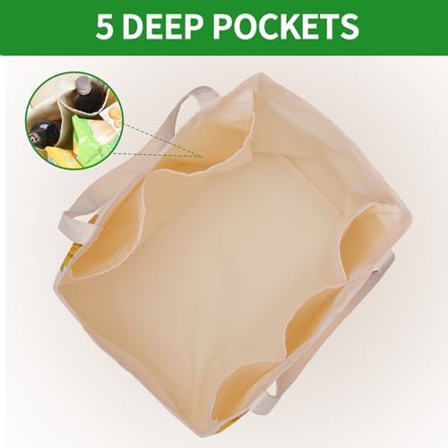 Aesthetic Canvas Reusable Grocery Bags Heavy Duty, 8.3 gal Foldable Large Tote Bag with Handles, Holds 60 lbs & Washable Eco-friendly Bags with 5 Pockets, Beige with a print 3 Bags