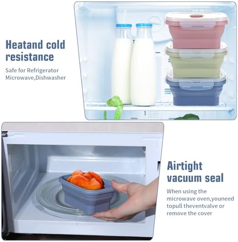 6 Pcs Silicone Food Containers 11.8 oz Collapsible Storage Containers with Airtight Lids Stacking Meal Prep Lunch Leftover Food fruits Storage Foldable Box for Freezer Microwave Dishwasher Safe