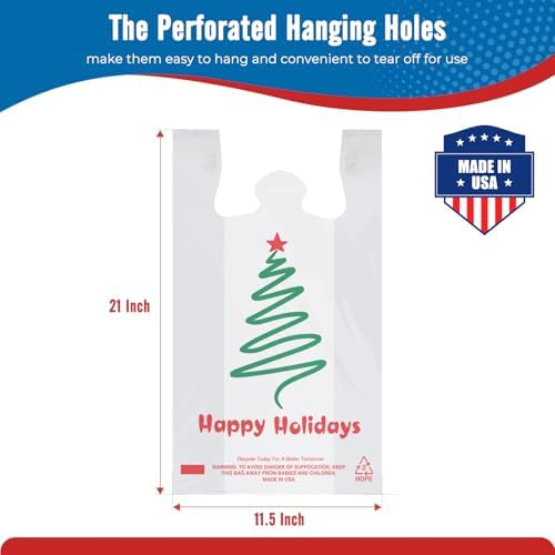 Fuxury 1000 Count Happy Holiday Christmas Tree Plastic Bags with Handles