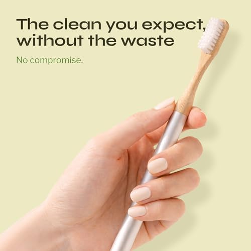 The Solo Toothbrush, Aluminum Handle Bamboo Toothbrush with Replaceable Bamboo Heads, 100% Plant-Based Castor Oil Bristles, No Nylon Bristles, Plastic-Free Handle, Natural Toothbrush for Adults