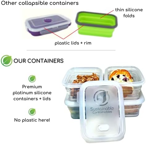 Premium Silicone Collapsible Food Storage Containers with Silicone Leakproof Lids, Platinum Food-Grade, BPA Free, LFGB Certified, Compact, Reusable Lunch Box, Microwave Safe, 4.9 Cups 3 Pk