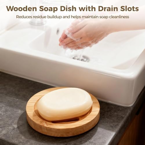 12 Pcs Round Bamboo Soap Dishes Self Draining Wooden Soap Holder Bar Soap Tray for Bathroom Kitchen Shower Sink
