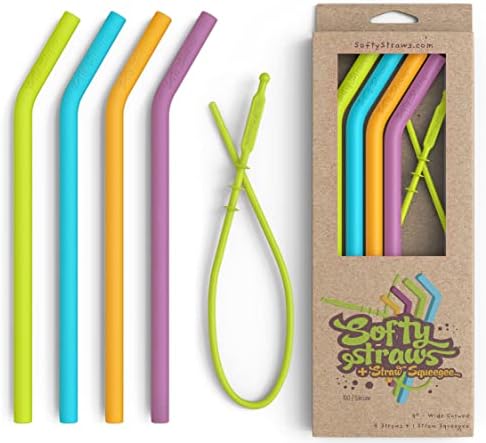 Softy Straws Wide Premium Reusable Silicone Drinking Straws + Patented Straw Squeegee - 9” Long With Curved Bend for 20 30 32 oz Tumblers Non Rubber, Flexible, Safe for Kids/Toddlers, Smoothie