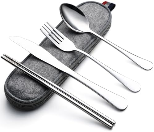 DEVICO Travel Utensils with Case, 5 Piece Portable Silverware Set for Work
