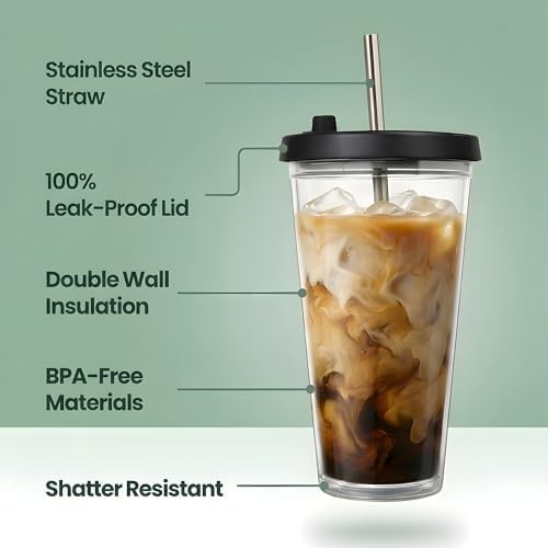Reusable Iced Coffee Cup with Lid and Straw, 16 oz/Grande, BPA-Free Double-Wall Insulated Plastic Tumbler for Cold Drinks, Includes Clear Plastic Straw, Stainless Steel Straw and Cleaning Brush, Black