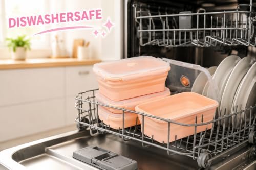 Plus 4PCS Foldable Silicone Food Storage Containers for Kitchen Storage for Leftovers Fruits and Meal Prep Dishwasher Safe Microwave Safe Ideal for Home and Travel (Pink, 40OZ)