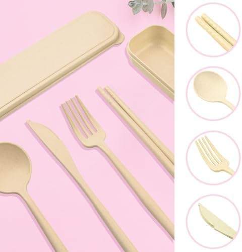 ELANE 4 Sets Reusable Travel Utensils Set with Case,Camping Cutlery Set Reusable Cutlery Set with Case,Utensil Sets for Lunch Picnic Daily Use Outdoor (beige)