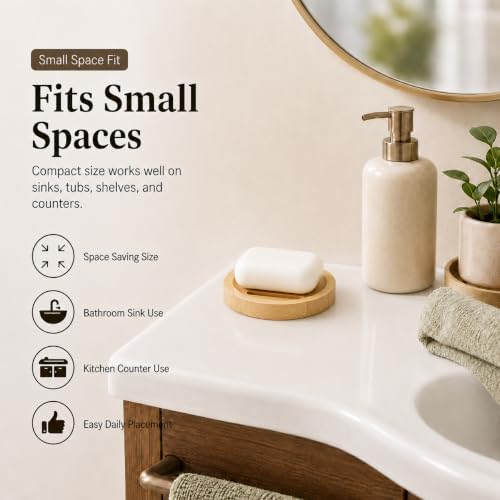 Bamboo Soap Dish for Bar Soap, Raised Wooden Holder with Drain Slots，Round Bamboo Soap Dish