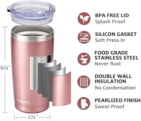 SUNWILL Travel Coffee Mug Set of 2, 20 oz Tumbler with Lid, Insulated Stainless Steel Cup for Water, Tea, Ice, Rose Gold & Cool Grey