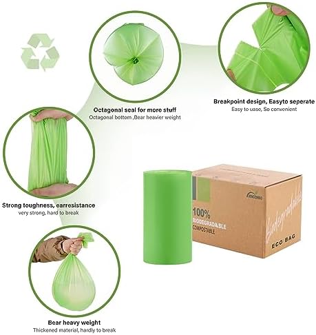 Compost Bags 13 Gallon, 50Liter Extra Thick 1.1 Mils Compostable Food scrap waste bags with US BPI ASTM D6400 and Europe OK Compost Home Certified