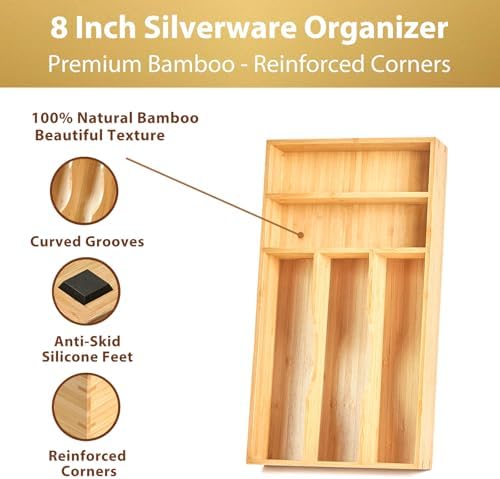 Umilife Bamboo Kitchen Drawer Organizer, 8 Inch Silverware Utensils Tray Holder for Small Drawer, Wood Caddy for Flatware Cutlery Knives