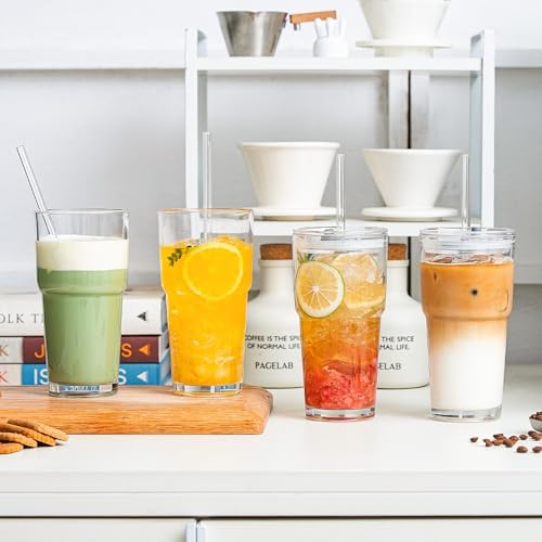 SoulTimes 20oz Clear Tumbler with bamboo Lid and Straw – Iced Coffee Glasses Cups for Smoothie, Matcha, Juice, Water etc. Leakproof and Reusable Glassware Drinking for Travel To Go 【4 Pack】
