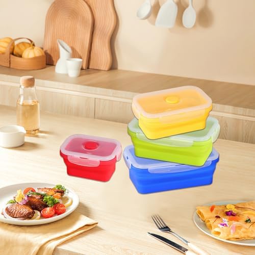 4 Collapsible Food Storage Containers, Silicone Food Storage Containers with Plastic Airtight Lids, Collapsible Storage Containers for Food Camping, Microwave Dishwasher Freezer Safe