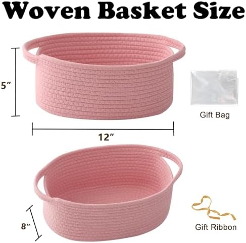 Pink Woven Rope Basket - Baby Gift Basket with Bag & Ribbon