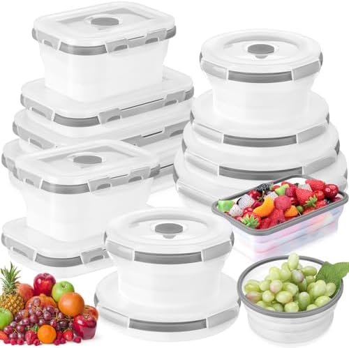 Dandat 12 Silicone Collapsible Food Storage Containers Foldable Silicone Lunch Container 6 Rectangle and 6 Round Airtight Collapsible Bowl with Lid Set for Kitchen Microwave (Translucence Gray)