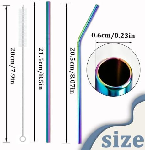 16 Pack Rainbow Stainless Steel Straws for 20 oz Tumblers, 8 Straight and 8 Bent Reusable Metal Straws with 4 Cleaning Brushes, Rainbow Colored, Fits Insulated Cups
