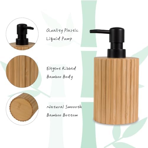 Ribbed Bamboo Soap Dispenser, Natural Finish Black Pump 2 Pack