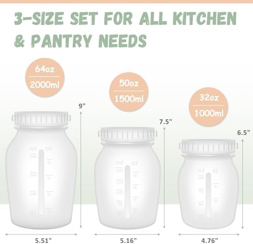 Silicone Food Storage Containers Set, Leak proof Pickling Canister Jars with Lid, Collapsible Reusable Kitchen Pantry Organization Canisters, Suitable for Pickling, Dishwasher Freezer Safe, 3 Pack