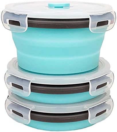 CCyanzi 3piece Round Collapsible Bowl with Lids, Silicone Food Storage Containers, Microwave & Freezer Safe, Space Saving for Kitchen Cabinet and Camping Backpack,(Blue Gray)