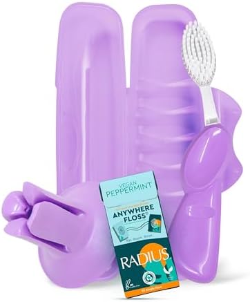 RADIUS Vacation Pastel Bundle, Includes Left Handed Big Brush with Replaceable Head, Toothbrush Travel Case, DOC Toothbrush Holder, Anywhere Travel Floss Packette, Lavender Purple, 4 Piece Bundle