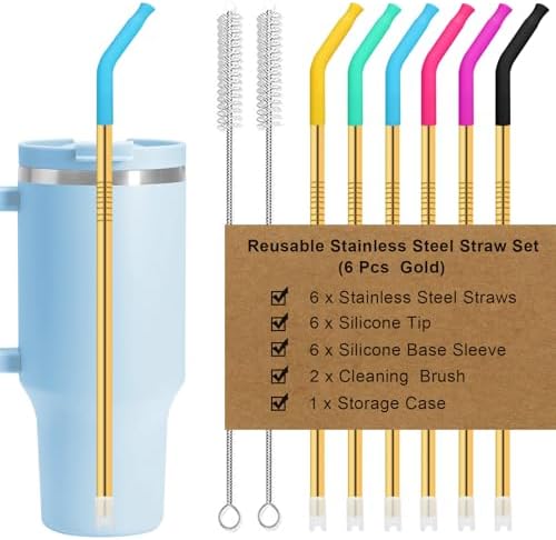 Newly Upgraded 8.5In Reusable Stainless Steel Straws Set 6 PCS with12 Silicone Accessories, 2 Straw Brush, 1 Storage Case, BPA Free, Eco-Friendly Metal Straws for 14, 20, 30,40 oz Tumbler