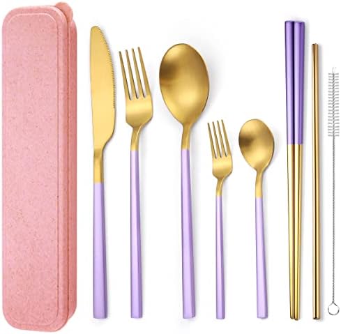 AARainbow 8 Pieces Stainless Steel Flatware Set Portable Reusable Cutlery Set Travel Utensils Set Including Chopsticks Knife Fork Spoon Straws Cleaning Brush Dishwasher Safe (B-Purple Golden)