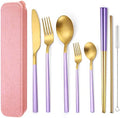 AARainbow 8 Pieces Stainless Steel Flatware Set Portable Reusable Cutlery Set Travel Utensils Set Including Chopsticks Knife Fork Spoon Straws Cleaning Brush Dishwasher Safe (B-Purple Golden)