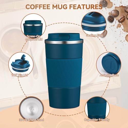 17OZ Travel Coffee Mug Insulated Coffee Cup with Spill Leak Proof Lid, Portable Stainless Steel Tumbler Reusable Hot and Cold Water Mug for Car, Daily, Camping- Blue