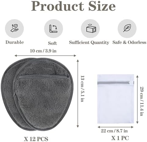 12 Pack Reusable Makeup Remover Pads Microfiber Facial Cleansing Cloths Soft Gentle Makeup Remover Towels for Face Eye Lips All Skin Types with Laundry Bag, 5.1×3.93 Inch, Grey
