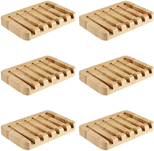 6 Pack Bamboo Soap Dishes, Self Draining Soap Tray with Slanted Waterfall Design, Bar Soap Holder for Shower, Bathroom, Kitchen, Sinks and Countertop, 5.1 x 3.5 x 0.7 Inch