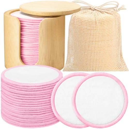 Foaincore 40 Pcs Reusable Makeup Remover Pads with Mesh Storage Bag and Bamboo Box Washable Bamboo Cotton Rounds Soft Reusable Face Pad for Toner Skin Various Skin Care Products(White Pink)