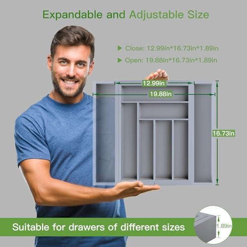 Pipishell Bamboo Expandable Drawer Organizer for Utensils Holder, Adjustable Cutlery Tray, Wood Drawer Dividers Organizer for Silverware, Flatware, Knives in Kitchen, Bedroom, Living Room(Grey)