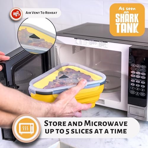 PIZZA PACK The Perfect Reusable Pizza Storage Container with 5 Microwavable Serving Trays - BPA-Free Adjustable Pizza Slice Container to Organize & Save Space, 3 Pack, Yellow