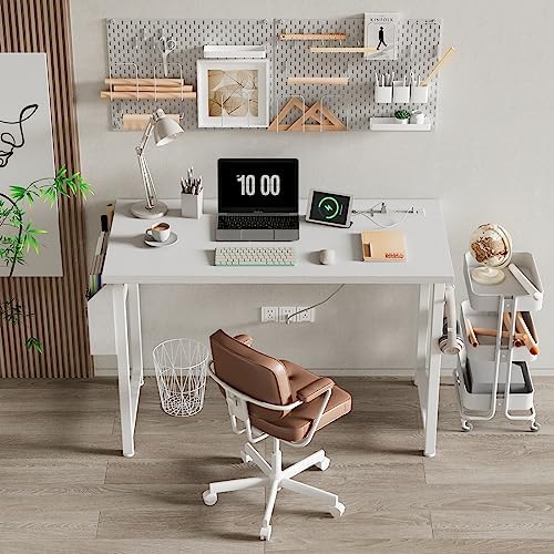 Lufeiya White Computer Desk with Power Outlet, 40 inch Simple Teen Study Table Home Office Work Writing Desks with Charging Station Outlets USB Port Built in, Storage Pocket，White