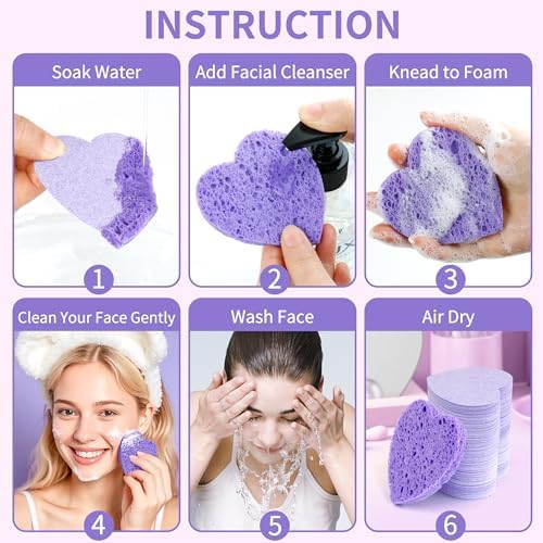 100-Count Compressed Facial Sponges, Purple Heart Shape