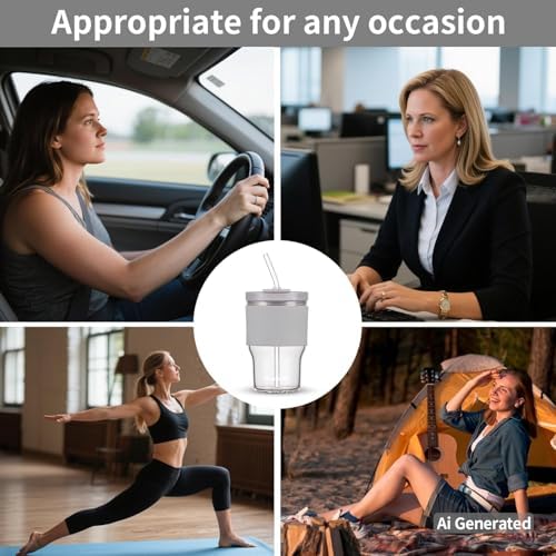 Glass Cups with Lids and Straws,16oz/480ml Reusable Iced Coffee Glasses & Juice Bottles,Cold Brew Tumblers with Leakproof Lids,BPA-Free Glass Jars for Juicing,Matcha,Tea,Smoothie (Grey with Sleeve)