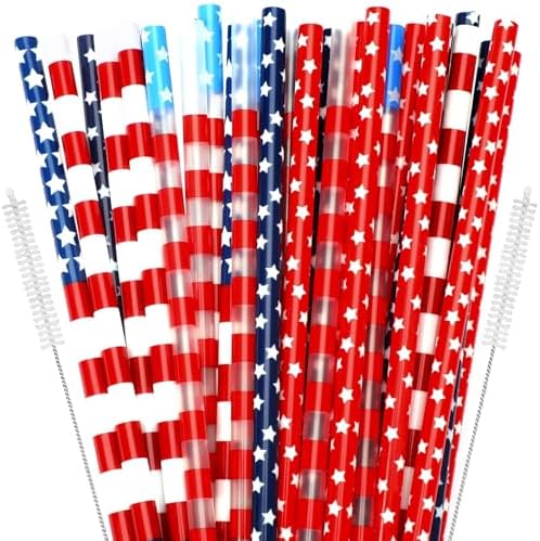 JANYUN 40 Pcs Reusable Patriotic Straws with Cleaning Brush