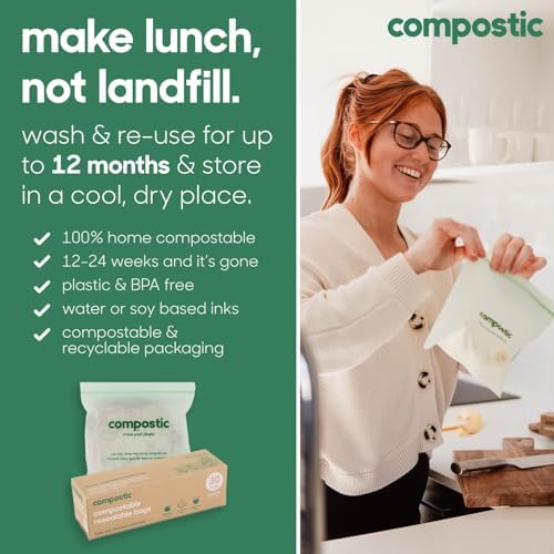 Compostic Compostable Snack Bags, 100 Ct Essential, Zip-Seal