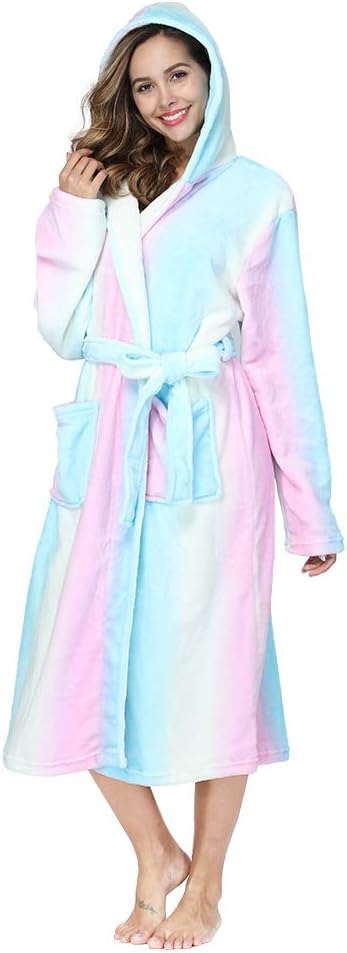 RONGTAI Womens Robes Plush Fleece Hooded Bathrobe Thick Nightgown with Pockets Fluffy Sleepwear