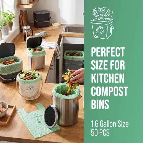 50 Home Compostable Trash Bags 1.6 Gallon Easy Tie Handles