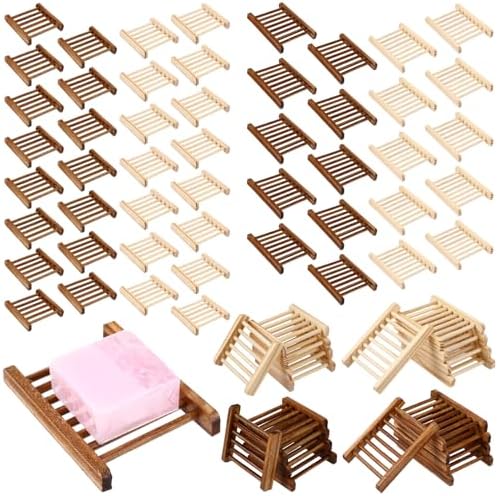 Sawysine 50 Pcs Bamboo Soap Holder Self Draining,Charcoal and Wood Color