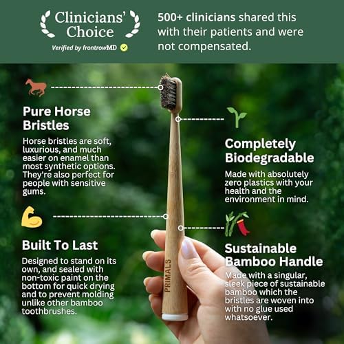 PRIMALS Horse Bristle & Bamboo Toothbrush (4-Pack) - Luxurious & Soft Horse Bristles - Fully Biodegradable - Plastic & Nylon Free - Quick Dry Design