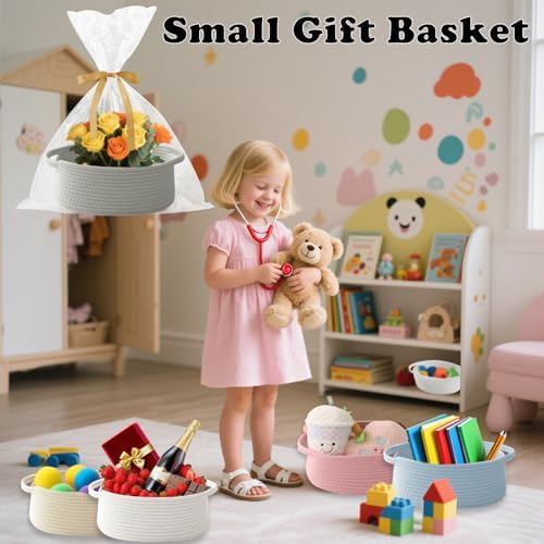 Woven Rope Basket - Baby Gift Basket with Bag & Ribbon, Grey