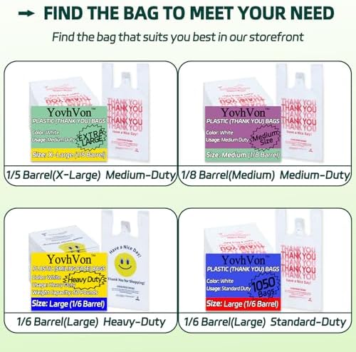 YovhVon 0.8Mil(20 Microns), 1000 Count, Plastic Bags with Handles, T-Shirt bags, Thank You bags, Shopping Bag, Grocery Bag, |for Store, Carry, Pack|, White, 1/6 Barrel, Large 11"x6"x21", Heavy Duty