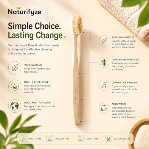 Boar Bristle & Bamboo Toothbrush (4 Pack) - Authentic Boar Bristles - Biodegradable - Plastic Free - Bamboo & Boar Bristle